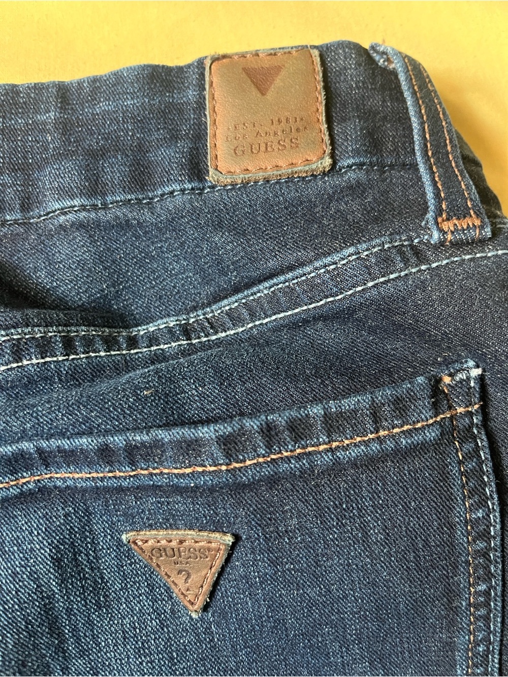 GUESS Dark Blue Denim Jeans with Brown Stitching Accents